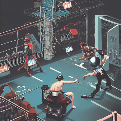 Image similar to a beautiful highly detailed vector illustration close up of a boxing match with robots in a factory, punk styling by atay ghailan, cliff chiang, loish and goro fujita, silver, silver, brown, black, blue and cyan tones, featured on artstation, featured on behance, grunge aesthetic