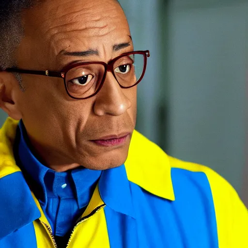 Image similar to gus fring in a blue varsity jacket with yellow sleeves, still from breaking bad