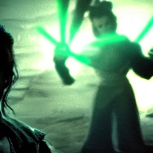 Prompt: evil mutant corrupted rey, using the force to kill, sith lord, dark side, cinematic movie image, both hands raised to use the force, yellow eyes, hd star wars photo