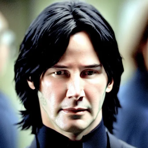 Image similar to Film Still of a Young Keanu Reeves playing a Young Severus Snape in Harry Potter, Film Still, realistic, hyperrealistic, very realistic, very very realistic, highly detailed, very detailed, extremely detailed, detailed, detailed face, very detailed face, very detailed face, realism, HD Quality, 8k resolution, intricate details, body and head in frame, Real Life