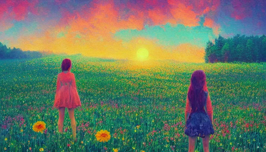 Image similar to girl with a flower face, surreal photography, dream, standing in flower field, hills, big trees, sunrise dramatic light, impressionist painting, colorful clouds, digital painting, pointillism, artstation, simon stalenhag, flower