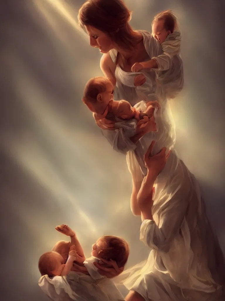Image similar to mom @ holding up baby by disney concept artists, blunt borders, rule of thirds, golden ratio, godly light, beautiful!!!