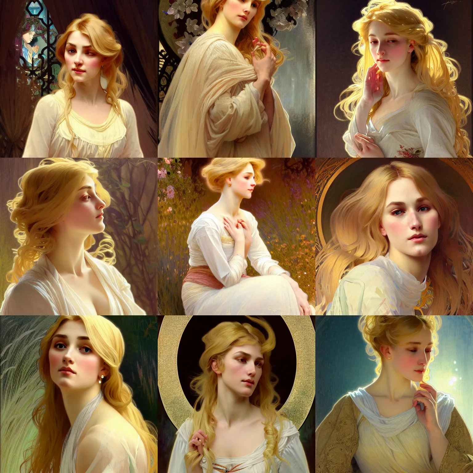 Image similar to painted portrait of a modest wife blessed by god with ever - increasing intelligence beauty and virtue. blonde, clothed holy body, light effect. feminine, powerful, in clothes! intricate, elegant, highly detailed, digital painting, artstation, concept art, smooth, sharp focus, illustration, art by gaston bussiere and alphonse mucha