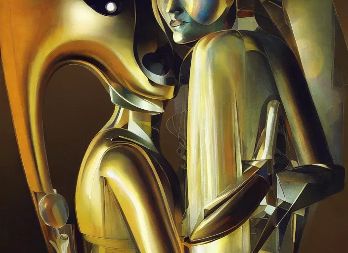 Image similar to a portrait of beautiful woman sci fi metallic human, bright eyes, melancholic complex geometric figure liminal machinery by oskar schlemmer, moebius, john berkey, film grain, oil on canvas, portrait facial head, featured on artstation, hd wallpaper, 8 k