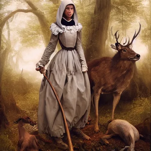 Image similar to A masterpiece portrait of a Incredibly beautiful queer maid barique renaissance swamp nun girl hunting on deer with russian greyhound medium shot, intricate, elegant, highly detailed. trending on artstation, digital art, by Stanley Artgerm Lau, WLOP, Rossdraws, James Jean, Andrei Riabovitchev, Marc Simonetti, Yoshitaka Amano. background by James Jean and Gustav Klimt, light by Julie Bell, 4k, porcelain skin. Studio Ghibli