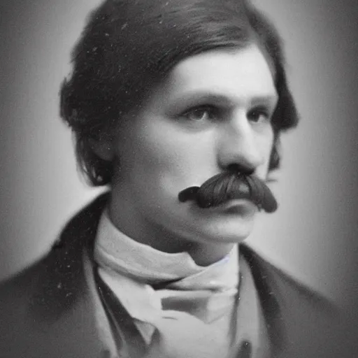 Image similar to A photograph portrait of Jerma985 with a pyramidal mustache in the early 1800s, taken in the early 1800s, 1840s, grainy, taken on a Field View Camera, realistic, hyperrealistic, very realistic, highly detailed, very detailed, extremely detailed, detailed, digital art, trending on artstation