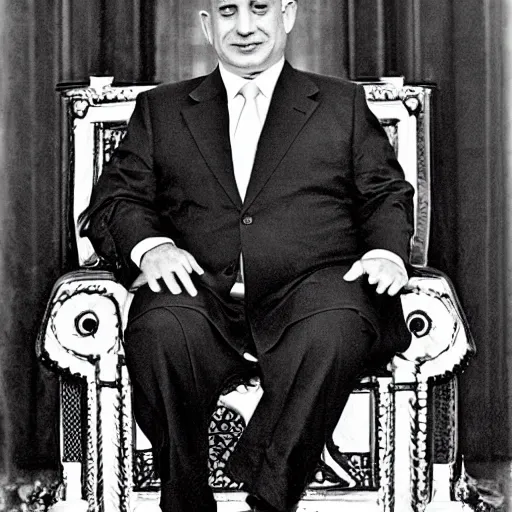 Prompt: Benjamin Netanyahu as a fat Arab king, sitting on his throne