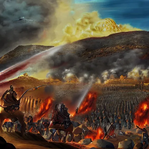 Image similar to digital art depiction of angry, strong, charismatic Cyrus the Great defeating fat, sad, weak Elon Musk at the battle for Athens, with the Acropolis of Athens burning on the background, trending on Artstation