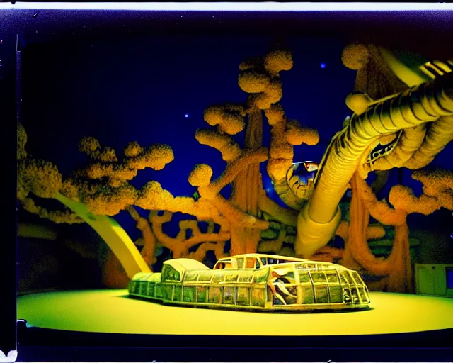Prompt: low angle shot of a space station at night, aquatic plants, coral, shabby chic, cinematography by Jim Jarmusch, composition by Moebius, in the style of Neo Rauch, set design by Antonin Gaudí, 35mm, polaroid, color film photography