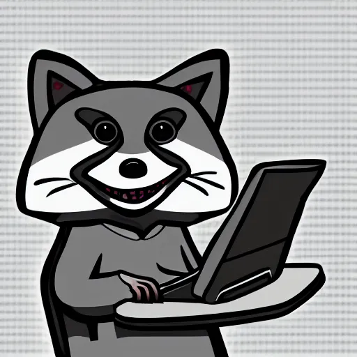 Prompt: a confused raccoon attempting to program a computer. digital art illustration.