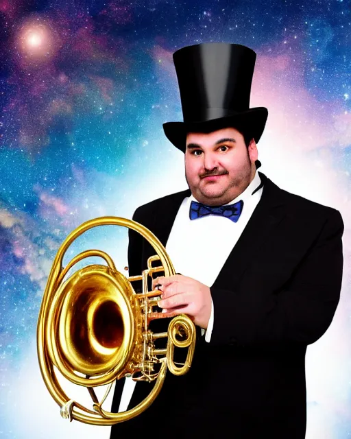 Image similar to photorealistic studio portrait of ian karmel playing a french horn, wearing a top hat, with a space background