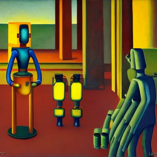 Image similar to robot bishop army, one robot a different color, grant wood, pj crook, edward hopper, oil on canvas