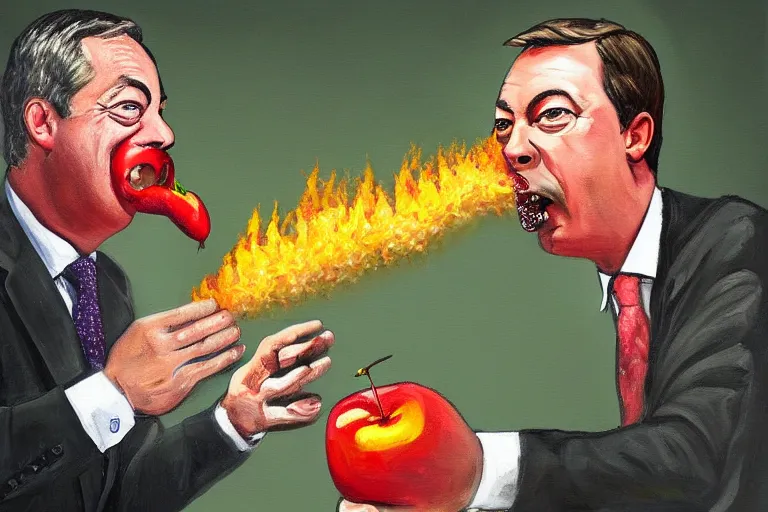 Image similar to a painting of nigel farage being spitroasted by two men over a fire with an apple in his mouth, digital art