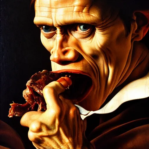 Image similar to close up portrait of willem dafoe eating an entire horse, oil painting, high detail, dark lighting, atmospheric, extremely detailed, intricate, da vinci, michelangelo, caravaggio, hans holbein, 8 k