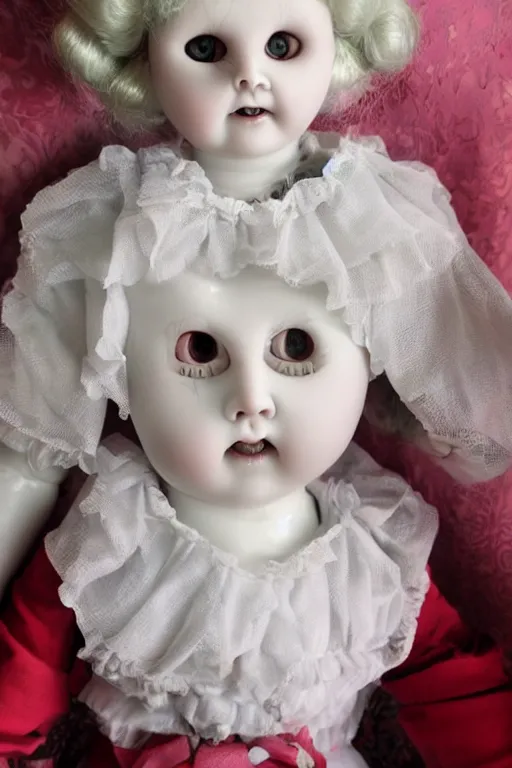 Image similar to creepy porcelain doll with creepy shining eyes.