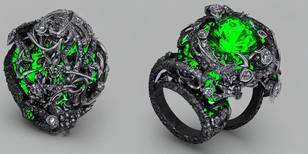 Prompt: stunning magic ring with a diamond, poison, green, mist, skull, engraving, d & d, item, graphic, close - up, design, shimmer, artbook, page, detailed, trending on artstation, cgsociety, greg rutkowski and thomas kinkade and moebius