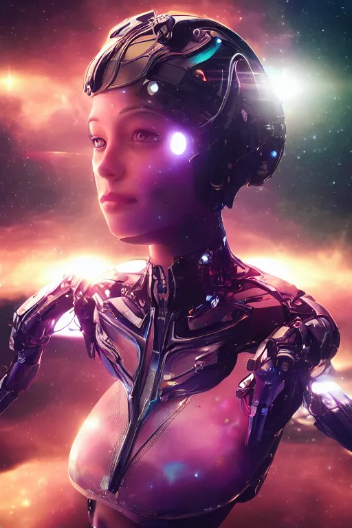 Image similar to woman cyborg floating in space letting go of reality and experiencing the quantum feild, matte painting comic book art, cinematic, highly detailed, realistic, beautiful cosmic neural network, octane render, unreal engine, depth of field, trending on artstation, sharp focus, philosophical splashes of colors