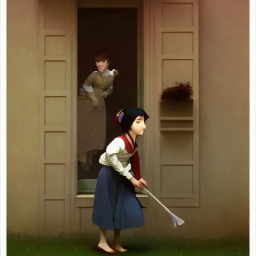 Prompt: goro fujita ilustration heerful girl taking the suitcases out of her house, characterized by william - adolphe bouguereau, character art, sharp focus, highly detailed, artstation