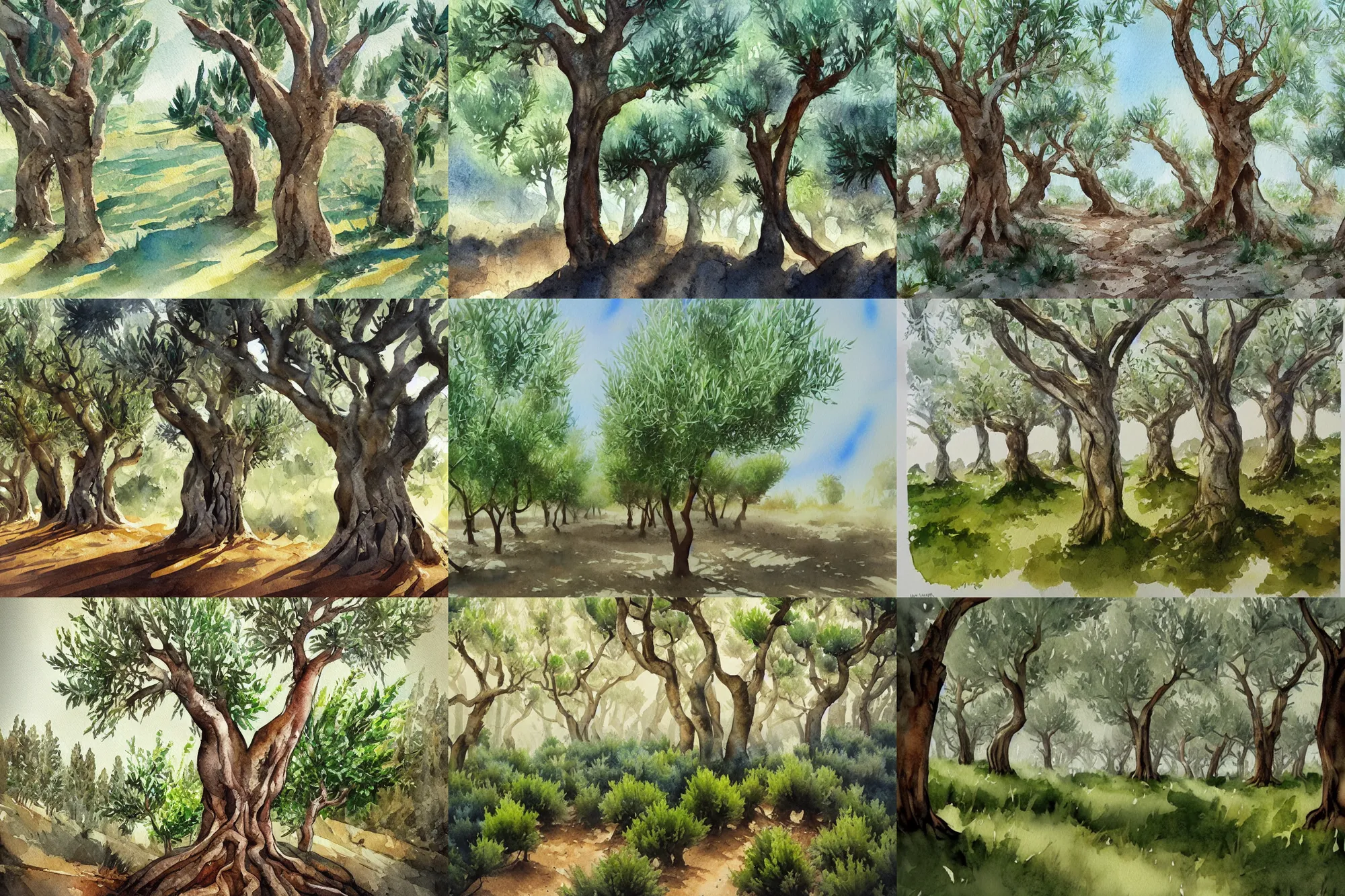 Prompt: Olive tree forest, high quality watercolors, award winning, trending on ArtStation