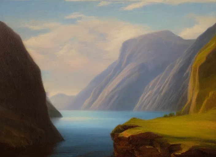 Image similar to norwegian fjords in the style of hudson river school of art, oil on canvas