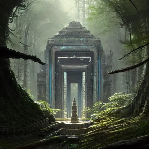 Prompt: detailed sci - fi concept art of a detailed ancient temple in an overgrown forest, depth of field, unreal engine, artstation, award - winning realistic sci - fi concept art by greg rutkowski and yoshitaka amano, in the style of james gurney.