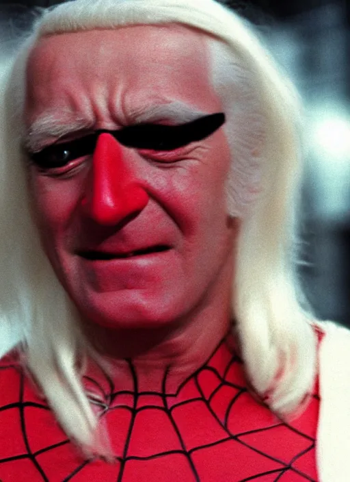 Image similar to film still of Jimmy Savile as Spiderman without mask in Spiderman, 4k