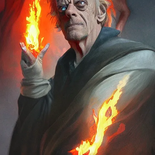 Image similar to Christopher Lloyd as Satan, burning and falling from the sky, full_body!!, dungeons and dragons portrait, highly_detailed!!, digital painting, artstation, concept art, sharp focus, illustration, art by artgerm and greg rutkowski and alphonse mucha