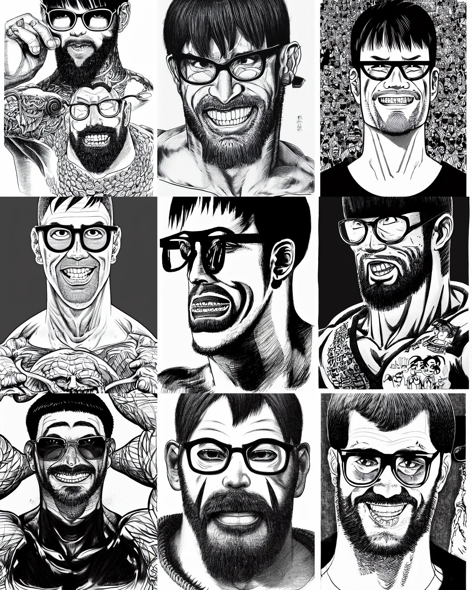 Prompt: highly detailed ink illustration of a buff smiling man with long stubble, muscular neck, right - angled square glasses and a black bowl cut, wearing a black tshirt, b & w clean shaped illustration by kim jung gi, ron english and eiichiro oda