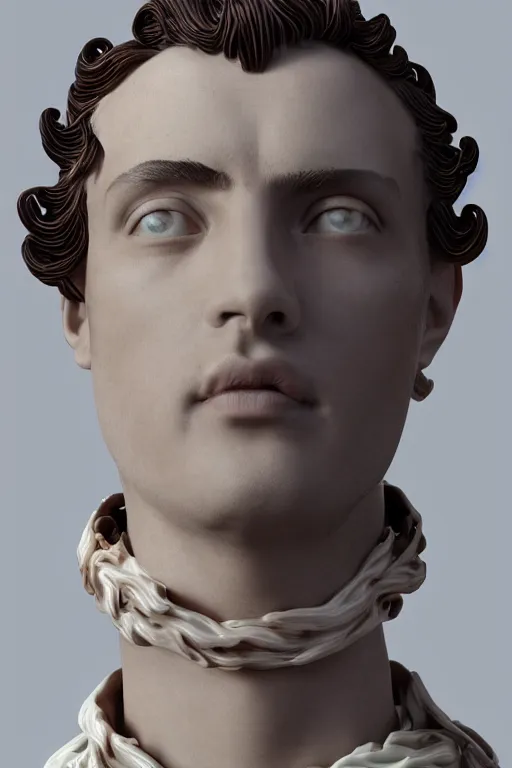 Image similar to a beautiful porcelain Baroque style bust of handsome young Spanish man with colored pipecleaners coming out of the neck suspended in space, photorealism, octane render, depth of field, 8k, 35mm, artgem, Trending on artstation