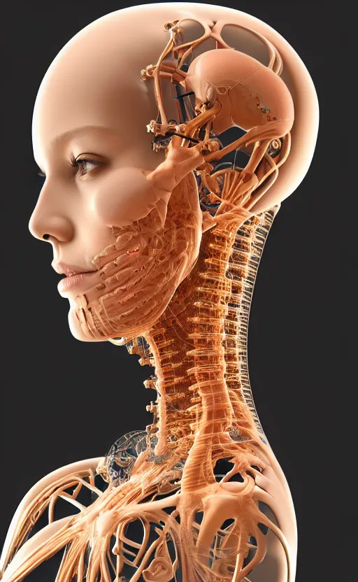 Image similar to 3D render of a beautiful profile face portrait of a female cyborg, 150 mm, golden ratio, Mandelbrot fractal, anatomical, flesh, facial muscles, wires, microchip, veins, arteries, full frame, microscopic, highly detailed, flesh ornate, extra elegant, high fashion, rim light, octane render in the style of H.R. Giger and Bouguereau
