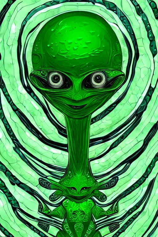 Prompt: green alien made of jello, symmetrical, highly detailed, digital art, sharp focus, trending on art station, anime art style