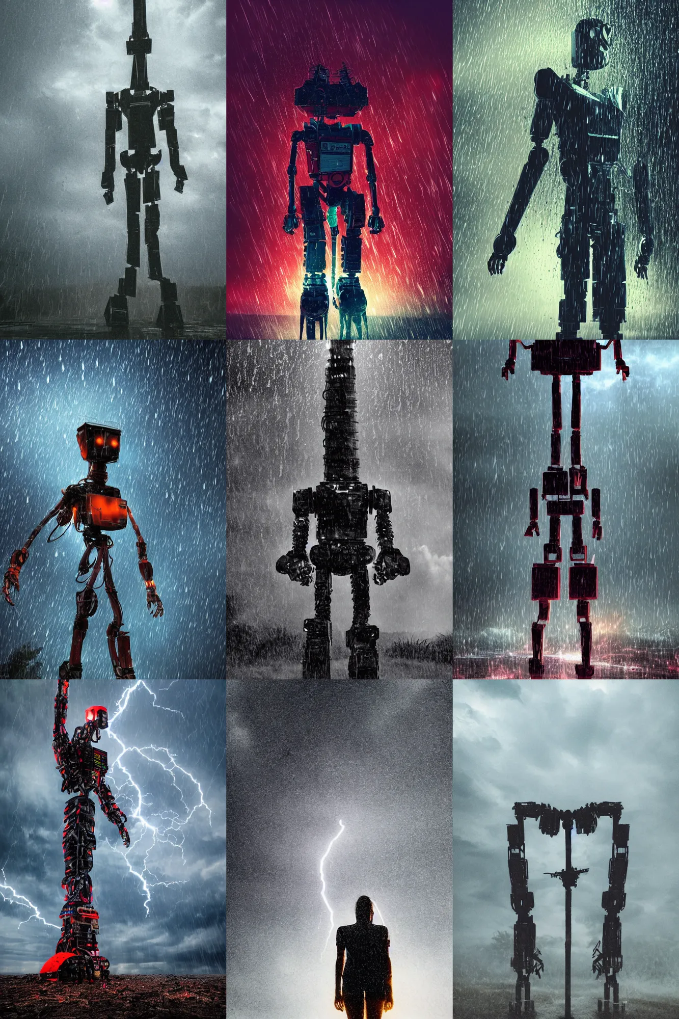 Prompt: detailed photograph of towering robot!!!!!! standing in the distance as a teenage girl!!!!!! screams while standing close up wearing wet!! and ripped!!! shirt and shorts, short dof, atmospheric, apocalyptic rain and smoke and lightning, bold colors, dramatic movie still