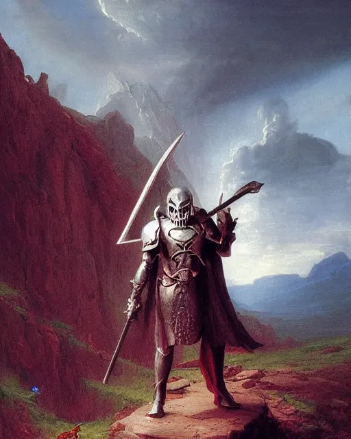 Image similar to the death knight, standing on a hill, by Thomas Cole and Wayne Barlowe