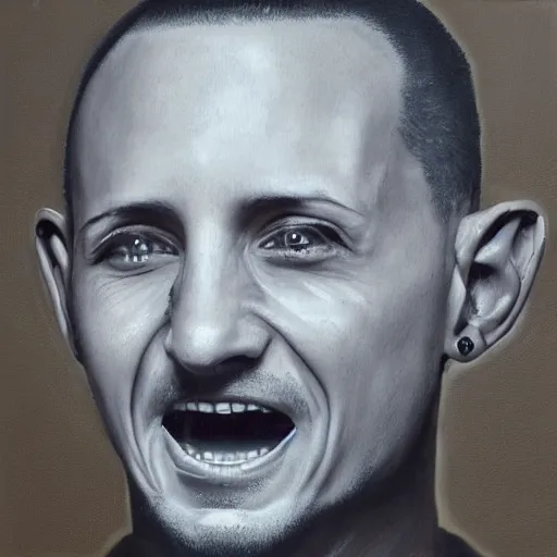 Prompt: portrait of chester bennington face, singing, amazing detail, sharp, award winning, realism painting