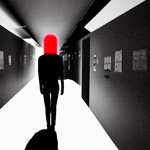 Image similar to photograph of an extremely dark narrow hallway with glowing humanoid cryptid made out of television static, dark deep black shadows, red and black color contrast in the style of trevor henderson, liminal space, 3 d octane render, glitch effect