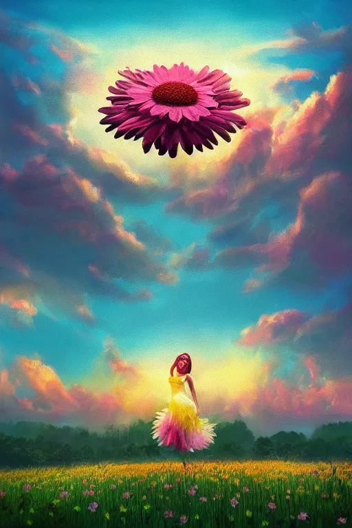 Image similar to giant daisy flower as head, girl dancing in a flower field, surreal photography, sunrise, dramatic light, impressionist painting, colorful clouds, digital painting, artstation, simon stalenhag