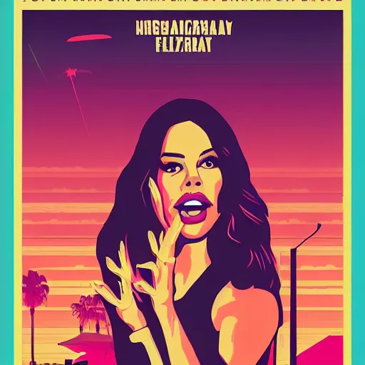 Image similar to a horror movie poster, staring Sofía Vergara as the heroine, neighborhood themed, synthwave, cyberwave, by Tom Whalen
