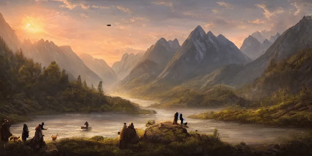 Prompt: A majestic landscape featuring a river, mountains and a forest. A group of birds is flying in the sky. There is an old man with a dog standing next to him. The man is wearing a backpack. They are both staring at the sunset. Cinematic, very beautiful, painting in the style of Lord of the rings