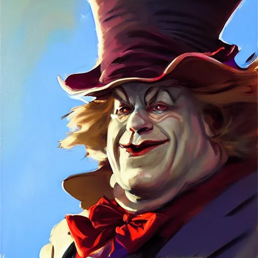 Image similar to greg manchess portrait painting of partially armored mad hatter from alice in wonderland as overwatch character, wacky, medium shot, asymmetrical, profile picture, organic painting, sunny day, matte painting, bold shapes, hard edges, street art, trending on artstation, by huang guangjian and gil elvgren and jesper ejsing