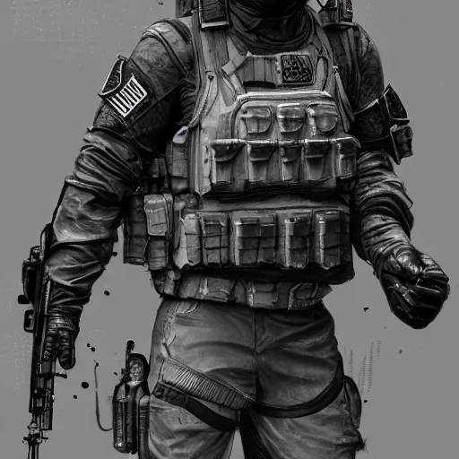 Prompt: Anguished Mercenary Special Forces soldier in grey uniform with black armored vest in 2020, by Cedric Peyravernay, highly detailed, excellent composition, cinematic concept art, dramatic lighting, trending on ArtStation