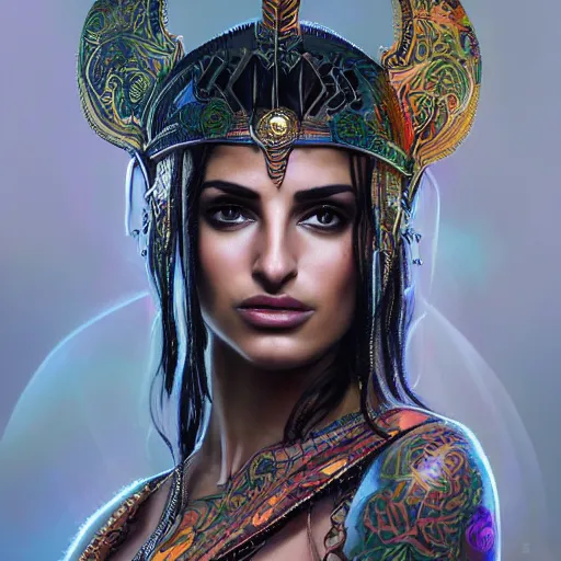 Prompt: an attractive young tattooed aztec female with piercings wearing an rainbow ornate metallic helmet, penelope cruz, olive skin, long dark hair, beautiful bone structure, intricate, elegant, highly detailed, digital painting, artstation, concept art, smooth, sharp focus, illustration, art by artgerm and greg rutkowski and alphonse mucha