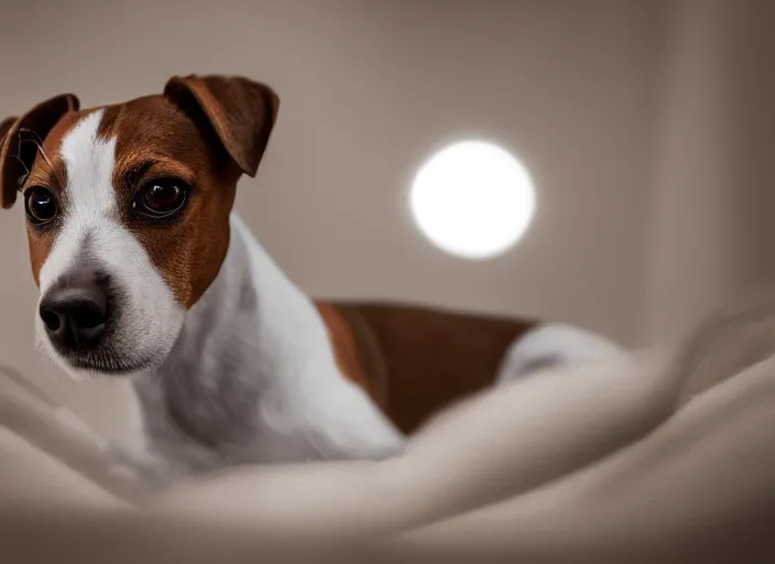 Image similar to photography of a Jack Russel . watching outside the window. on a bed. in a vintage room.,volumetric light, photorealistic,, award winning photo, 100mm, sharp, high res