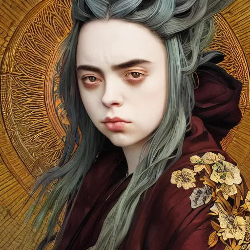 Prompt: a photorealistic dramatic fantasy render of a beautiful woman billie eilish wearing a beautiful intricately detailed japanese kitsune mask and clasical japanese kimono by wlop, artgerm, greg rutkowski, alphonse mucha, epic, beautiful dynamic dramatic dark moody lighting, shadows, cinematic atmosphere, artstation, concept design art, octane render, 8 k