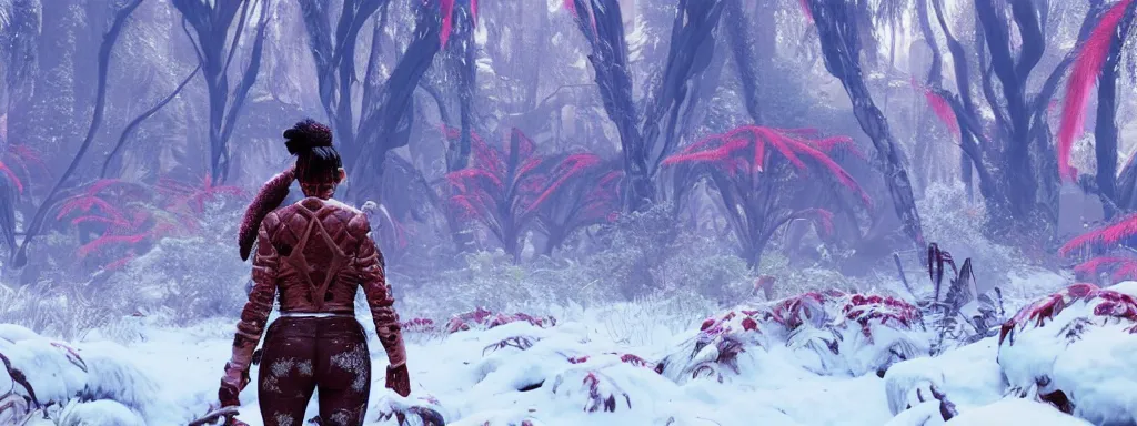 Image similar to muscular explorer woman walking forward in animal fur armour with crop top midriff, walking in a dense alien snow covered frosty jungle, with snow covered colourful red, blue and purple plants, large vines, snow covered arched organic rock structures, in the style of monster hunter world, like concept art on artstation, hyperdetailed, vray render, octane render,