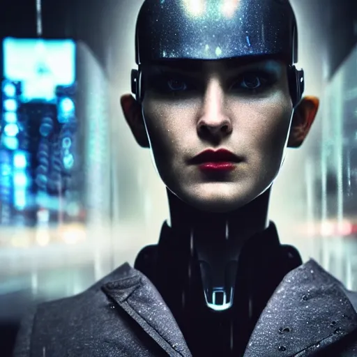 Image similar to cinestill 5 0 d candid photographic portrait by jean - luc godard of a retro - futurist android, closeup, modern cyberpunk moody emotional cinematic, pouring rain menacing lights shadows, 8 k, hd, high resolution, 3 5 mm, f / 3 2, ultra realistic faces, ex machina, blur, unframed