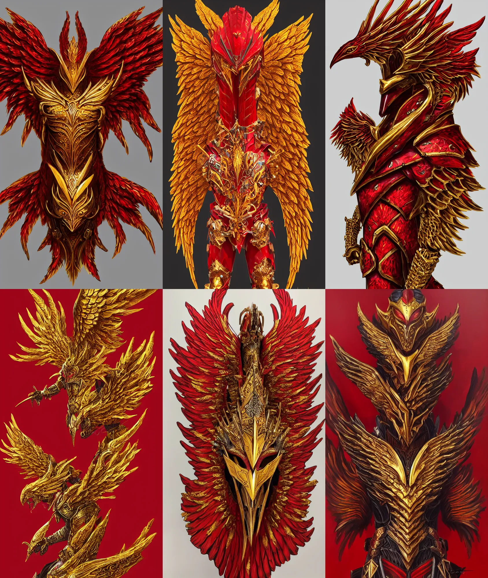 Prompt: Frontal view of a set of armor, phoenix-inspired, ornamental, Red, Gold, wings, d&d, intricate, fantasy, Acrylic painting, trending on artstation, artstationHD, artstationHQ, cgsociety