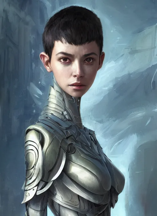 Image similar to a professional painting of a beautiful young female alien, clothed in ethereal armor, olive skin, long dark hair, beautiful bone structure, symmetrical facial features, intricate, elegant, digital painting, concept art, smooth, sharp focus, illustration, from Valerian and the City of a Thousand Planets, by Ruan Jia and Mandy Jurgens and Artgerm and William-Adolphe Bouguerea