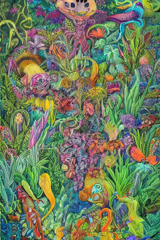 Image similar to a painting of a bunch of plants and animals, a detailed painting by john backderf, trending on behance, psychedelic art, behance hd, detailed painting, storybook illustration.