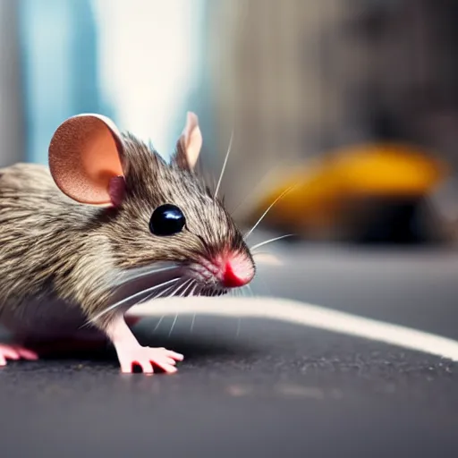 Prompt: a cute mouse in the middle of a busy street with skyscrapers, low angle camera, cinematic, very detailed, 4 k, depth of field