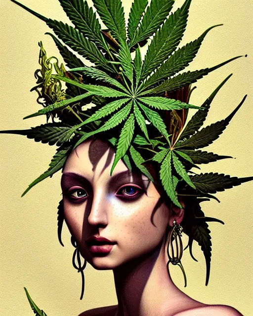 Image similar to portrait of beautiful cannabis goddess, enigmatic beauty, esoteric, muted colors, head in focus, fantasy art, ornamental aesthetics, intricate, elegant, highly detailed hyperrealistic painting, artstation, concept art, painterly, sharp focus, illustration, art by lois royoi